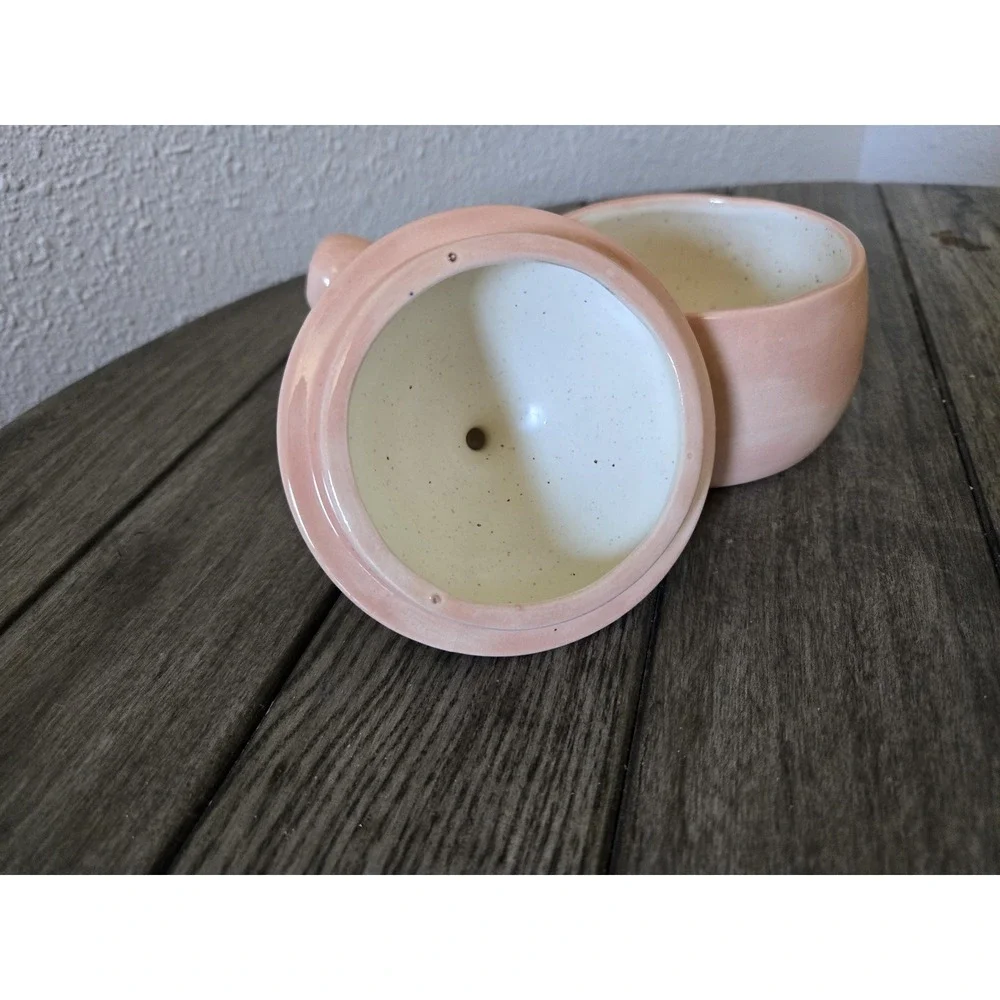 Vintage Hand Thrown Studio Pottery Peach Ceramic Soup Bowl W/Handle & Lid MCM